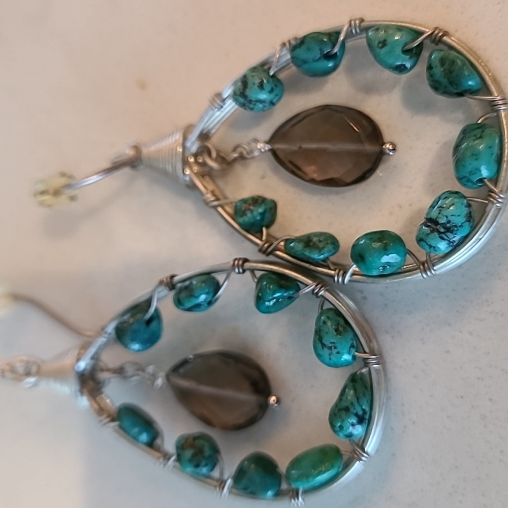 Silpada Turquoise and Smoky Quartz Teardrop Wire-Wrapped Earrings
